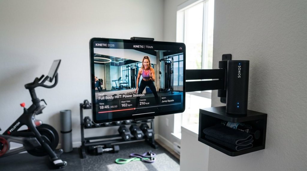 A digital tablet screen displaying a professional fitness and workout tracking application interface.