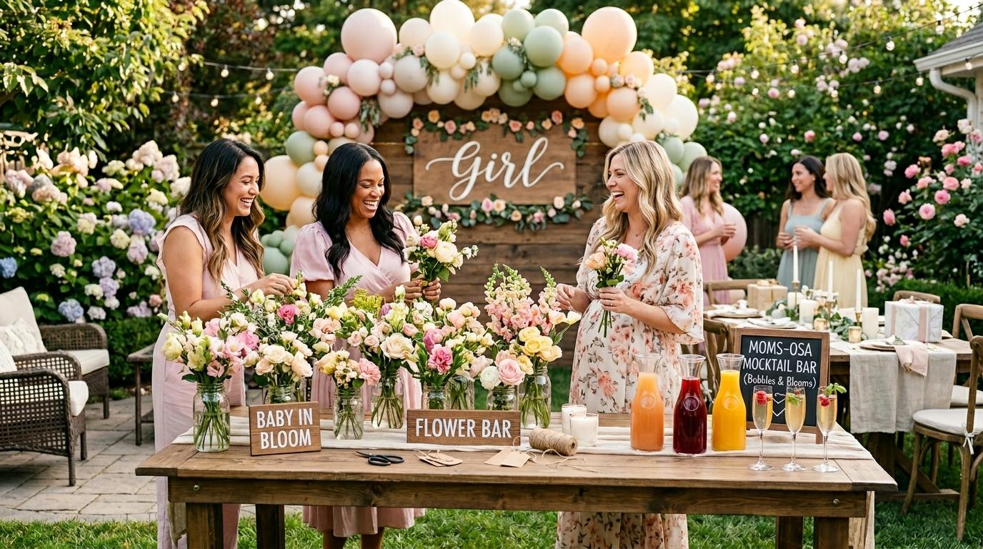 Three women arrange pastel flowers at a garden baby shower 'Flower Bar' featuring a balloon arch and mocktail station.
