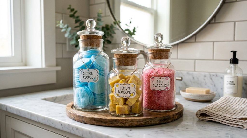 Close up of glass jars filled with white cotton balls on a clean surface.