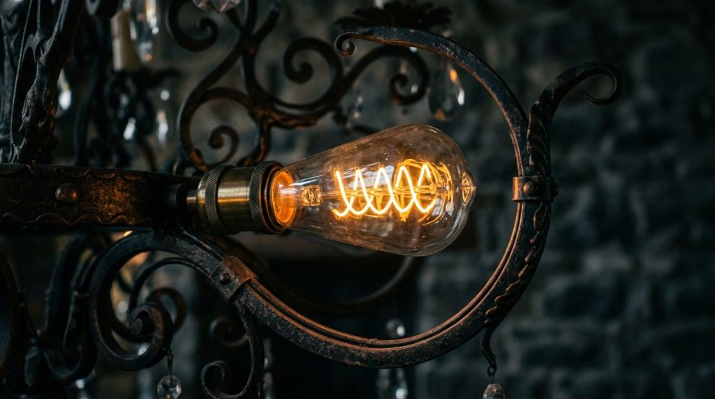 A warm amber glow emanates from a spiral filament light bulb nestled within intricate black wrought iron scrollwork.