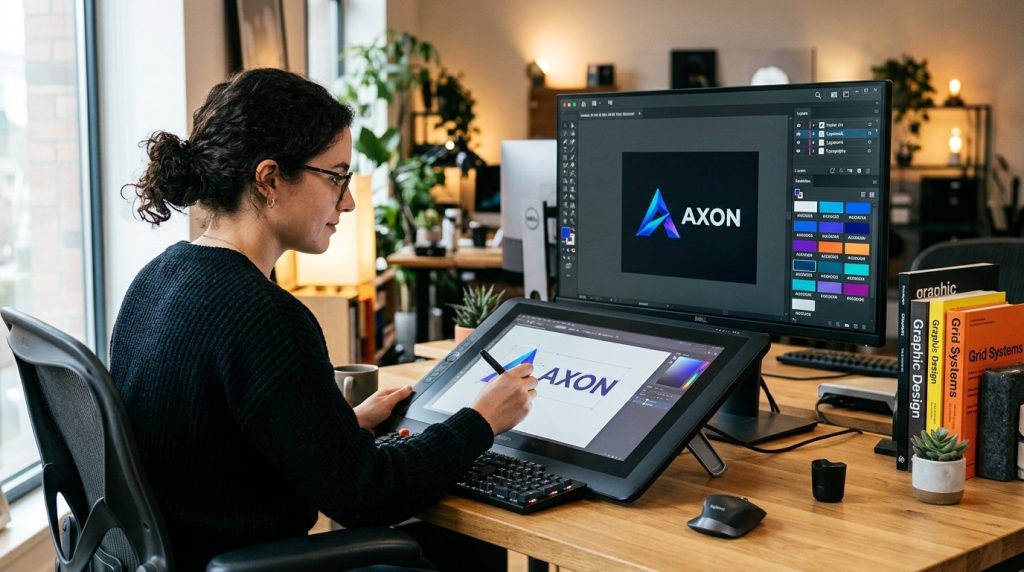 A professional graphic designer using a creative workstation to develop a new company brand identity.