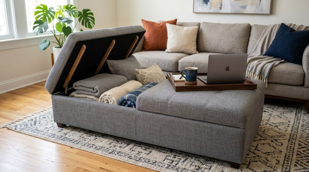Grey upholstered storage ottoman open with blankets inside, featuring a laptop tray in a cozy modern living room.