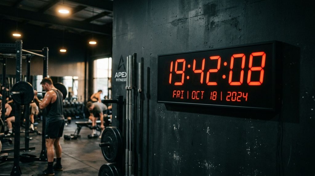 A large red digital clock displays the time and date on a dark gym wall, with athletes training in the background.