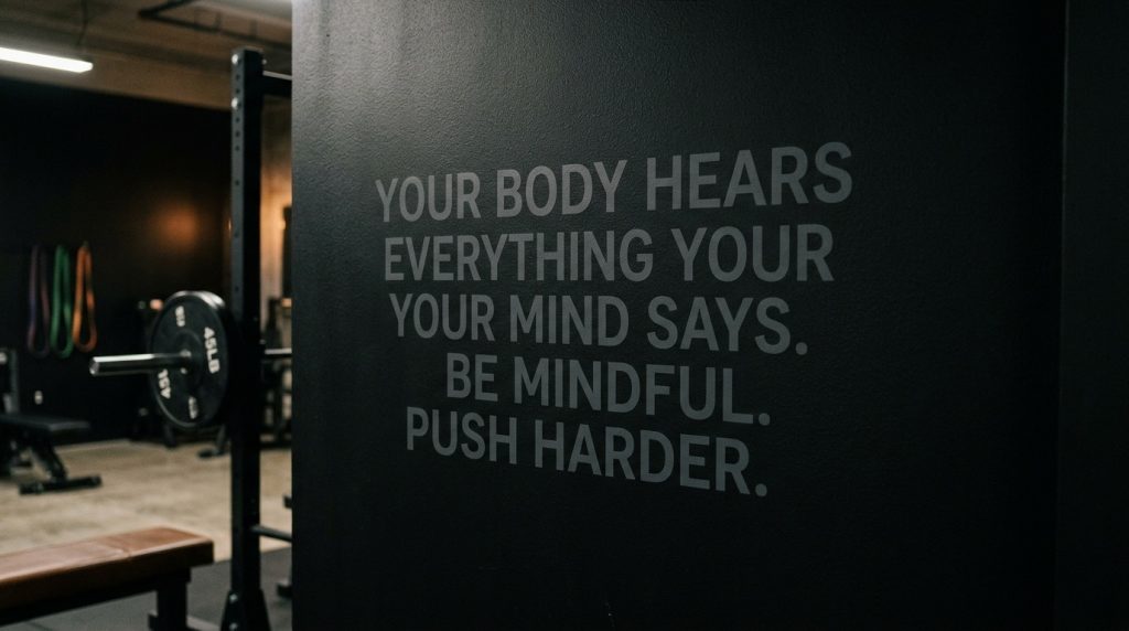A dark wall in a gym featuring a motivational quote about the mind-body connection with equipment in the background.