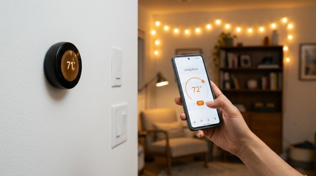 A close up view of a human hand carefully adjusting a modern smart technology device or control panel for home automation settings.