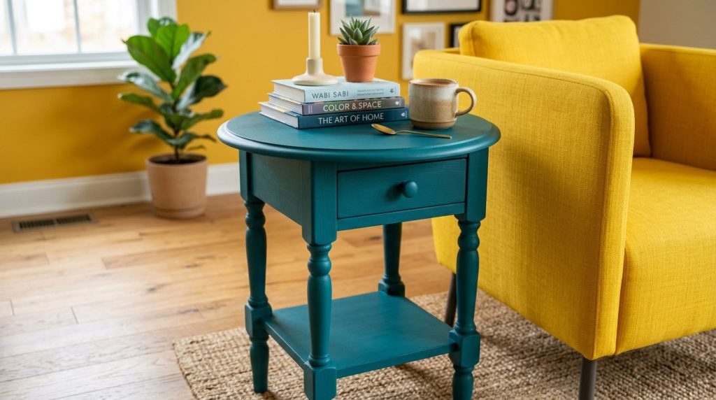 A close-up shot of a rustic wooden table with a smooth, professionally applied painted finish.