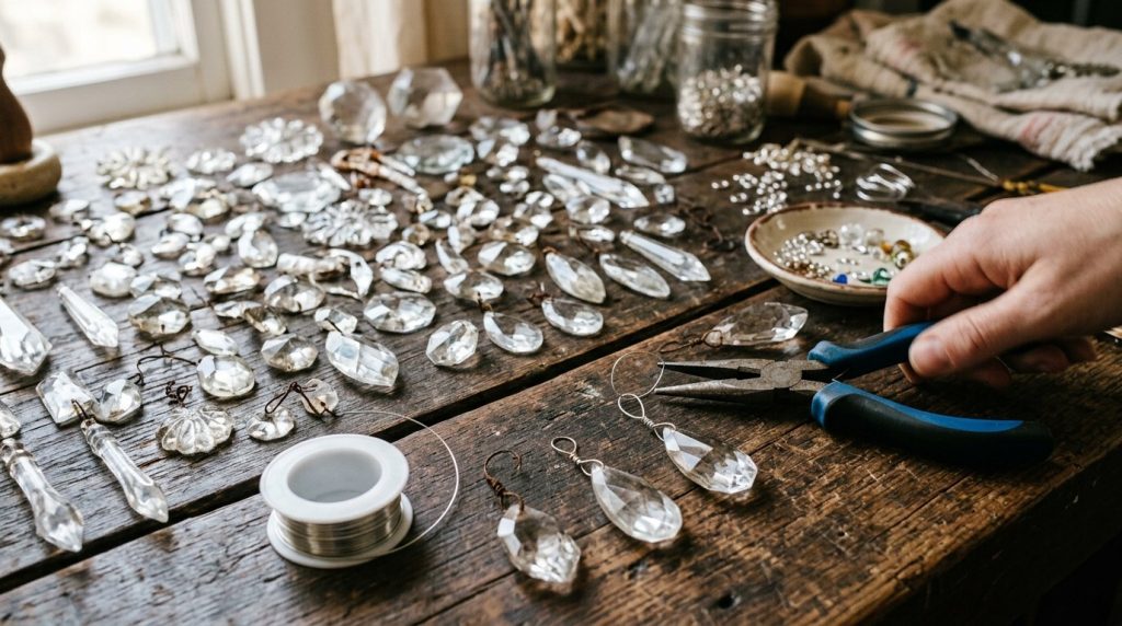 A jewelry maker uses blue-handled pliers to craft crystal pendants on a rustic wooden table covered in glass prisms.