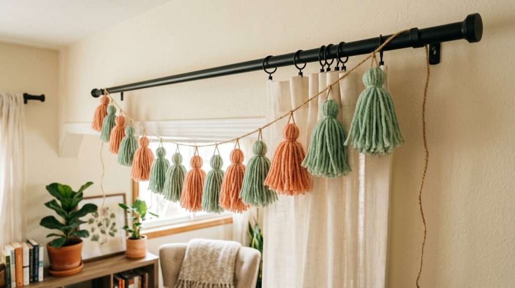 A colorful handmade tassel garland draped gracefully for home decoration.