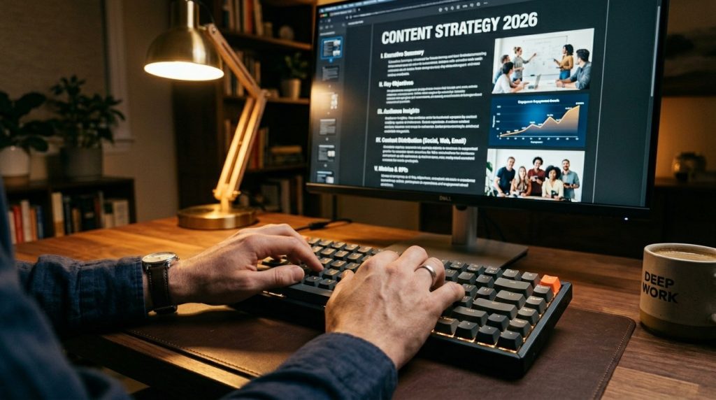 Close-up view of person hands actively typing on a modern laptop keyboard in a bright workspace.