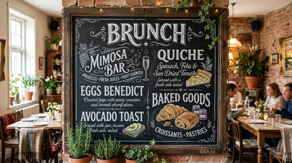 Close up of a handwritten cafe menu written in white chalk on a rustic black chalkboard surface.