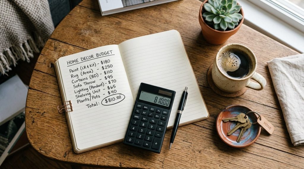 A notebook listing a home decor budget next to a calculator, a coffee cup, and keys on a warm wooden table surface.