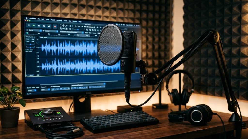 Professional home recording studio setup featuring a high-end audio interface and studio monitors.
