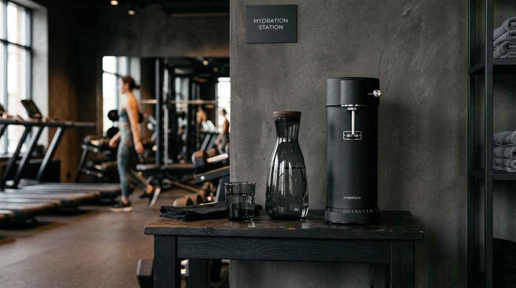 A black Hydratech water dispenser, carafe, and glass sit on a table at a gym hydration station with a woman in background.