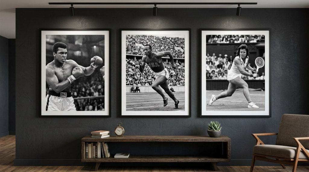 Black and white portraits of Muhammad Ali, Jesse Owens, and Billie Jean King on a dark gallery wall in a modern room.