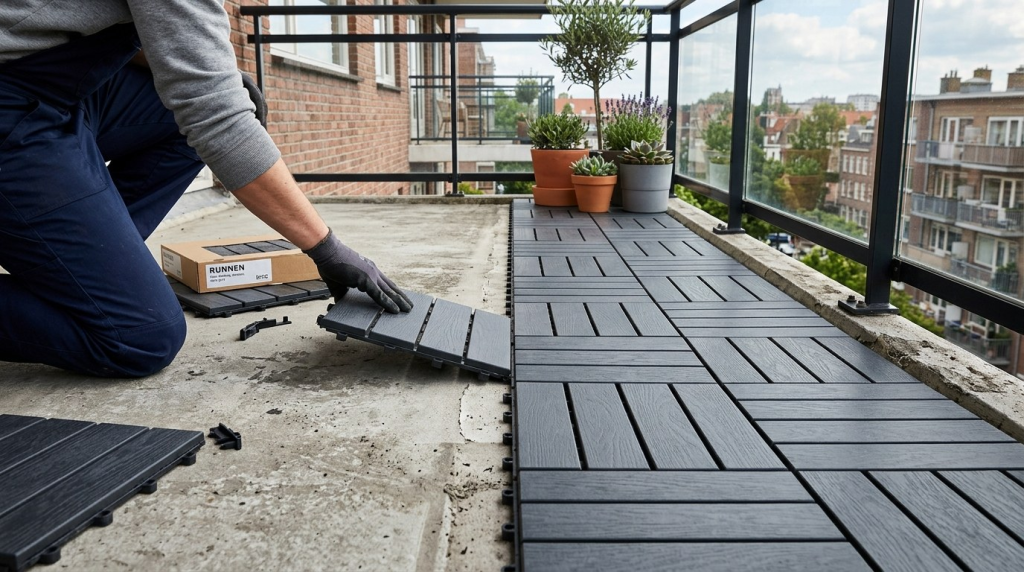 A person in work clothes installing dark grey interlocking floor tiles on a concrete balcony with glass railings.