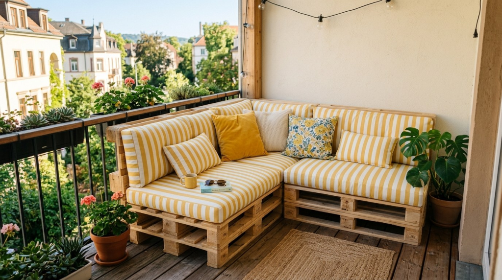 A cozy balcony retreat featuring a DIY pallet sofa with yellow striped cushions, potted plants, and a European city view.