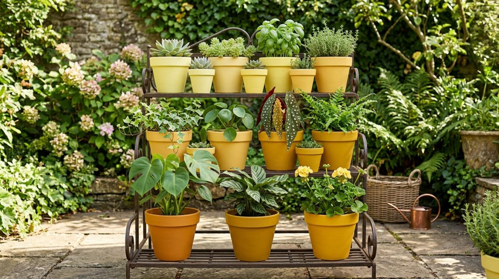 A tiered metal plant stand filled with various green plants in shades of yellow and ochre terracotta pots in a garden.