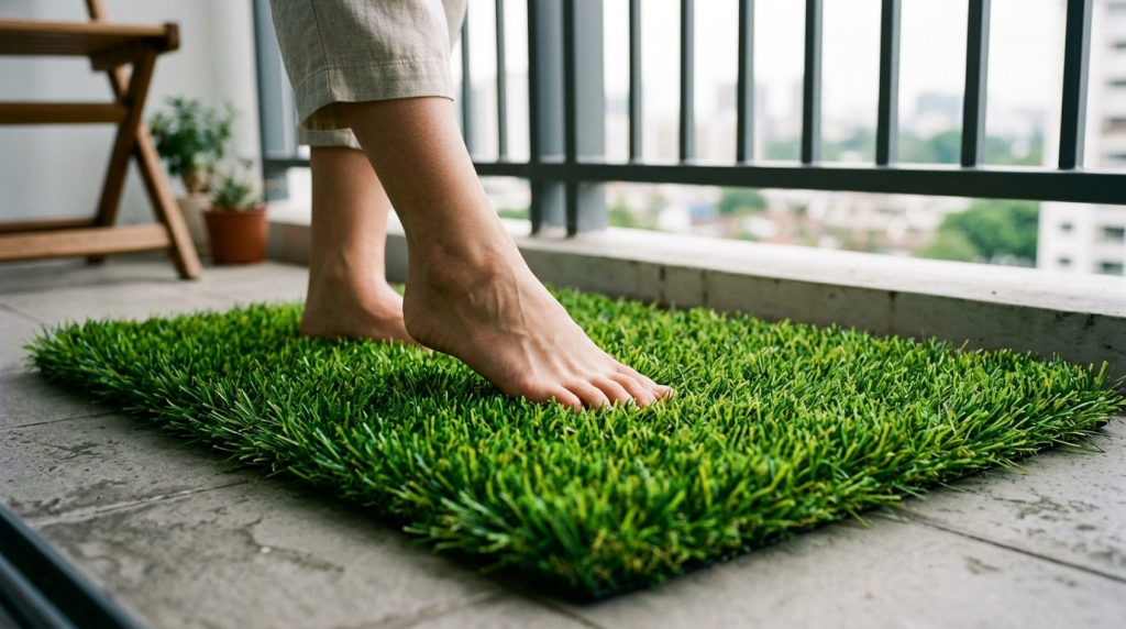 A person's bare feet step onto a lush green artificial grass mat on a balcony with a city skyline in the background.