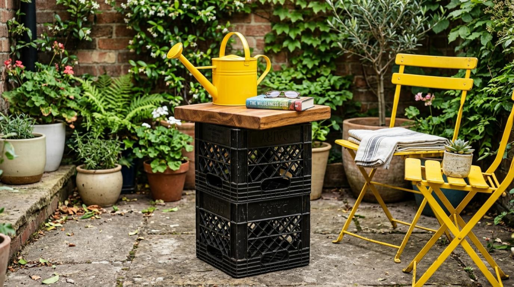 A cozy garden patio featuring a yellow watering can and book on a DIY milk crate table next to bright yellow chairs.