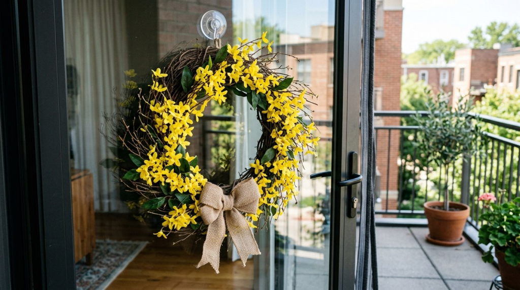 Vibrant yellow floral wreath with a burlap bow hangs on a glass door, leading to a sunlit balcony with potted plants.