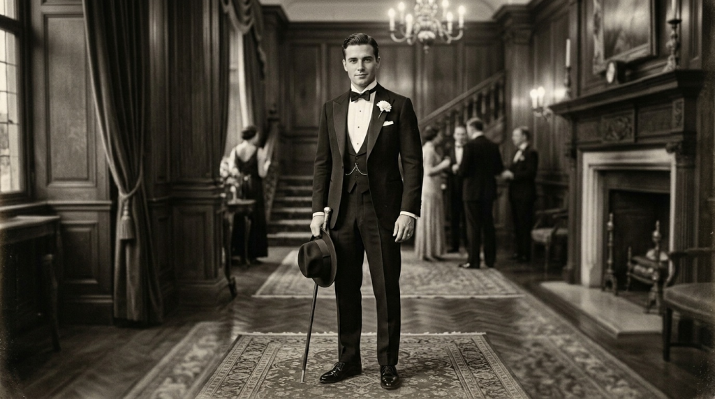 A man in a classic 1920s tuxedo stands in a grand, wood-paneled hall holding a cane and top hat in a sepia-toned portrait.