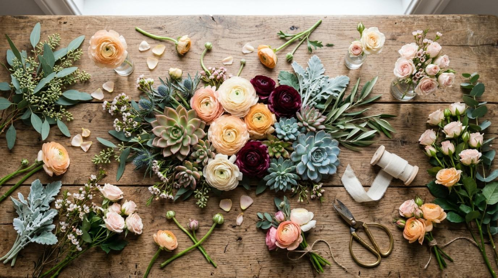 A top-down floral arrangement flat lay featuring peach ranunculus, succulents, and rustic tools on a wooden table.