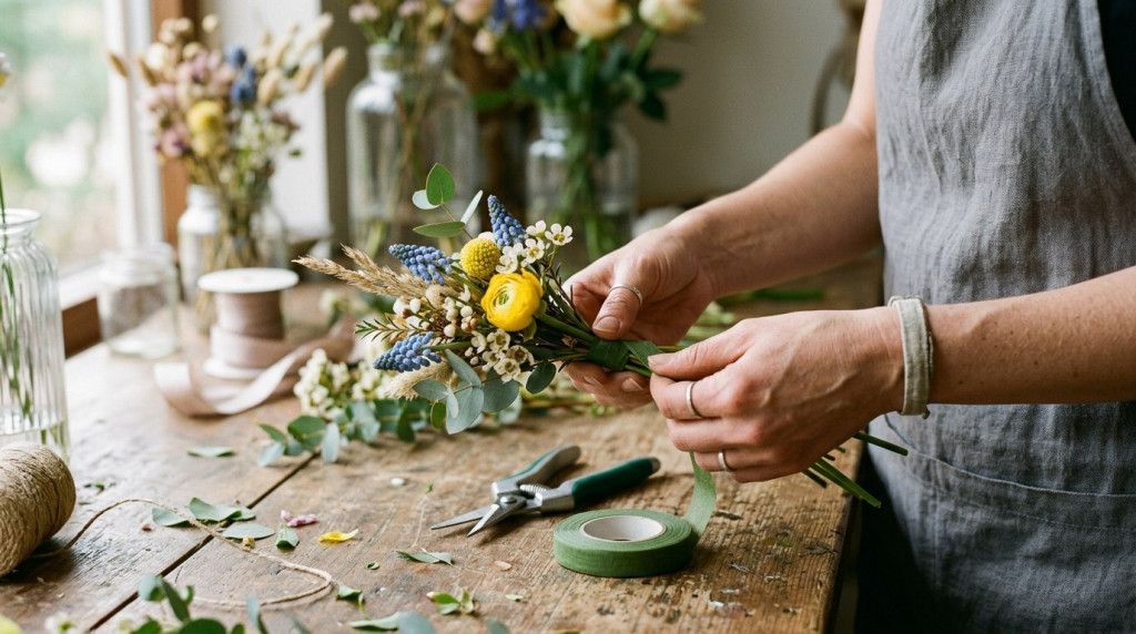 A florist's hands wrapping a delicate bouquet of yellow ranunculus and blue muscari with green tape on a wooden workbench.