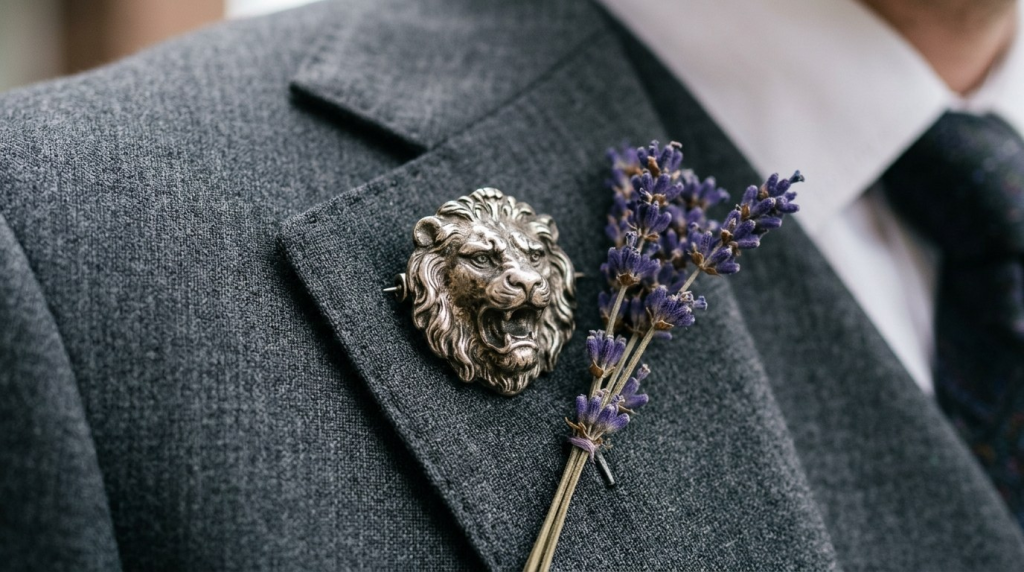 A close-up of a grey suit lapel featuring a detailed silver lion-head brooch and a small sprig of purple lavender.