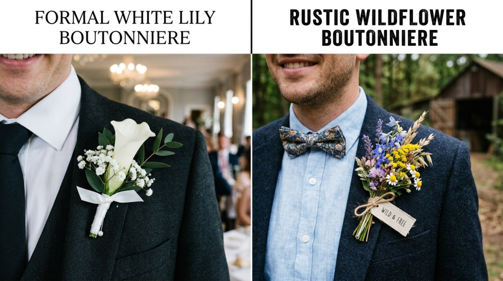 A split-screen image comparing a formal white calla lily boutonniere to a rustic wildflower boutonniere with twine.