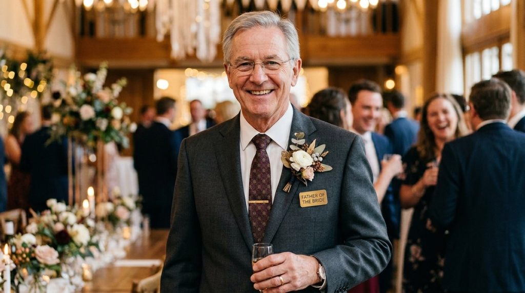 A smiling man in a grey suit and glasses wearing a 'Father of the Bride' name tag at a wedding reception with guests.