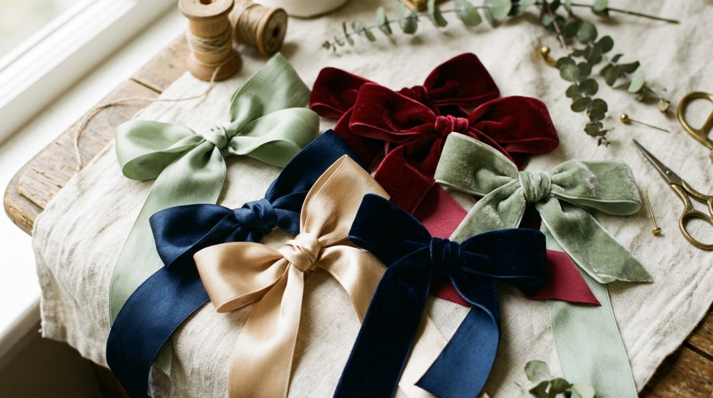 Elegant velvet and satin hair bows in muted jewel tones arranged on a rustic linen cloth with vintage sewing tools.