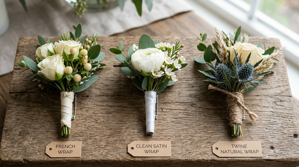 Three elegant floral boutonnières with different wraps—ribbon, satin, and twine—displayed on a rustic wooden surface.