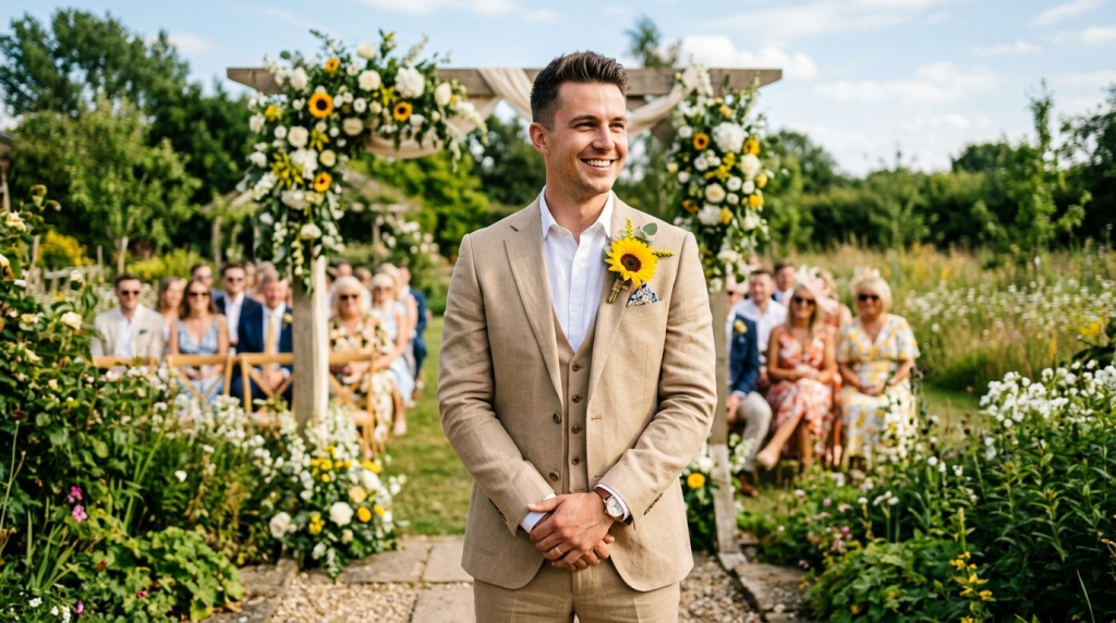 A smiling groom in a tan suit with a sunflower boutonniere stands at a garden wedding altar with guests seated behind.