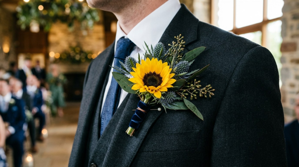 Close-up of a groom's charcoal suit lapel with a boutonniere featuring a bright yellow sunflower and blue thistles.