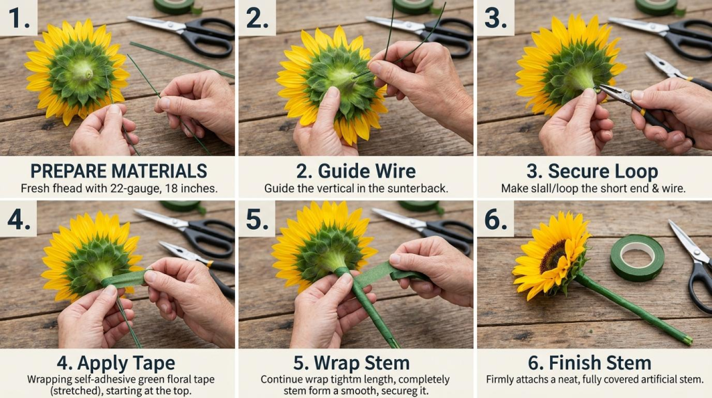 Instructional six-step guide showing how to wire and tape a sunflower head to create a sturdy artificial floral stem.