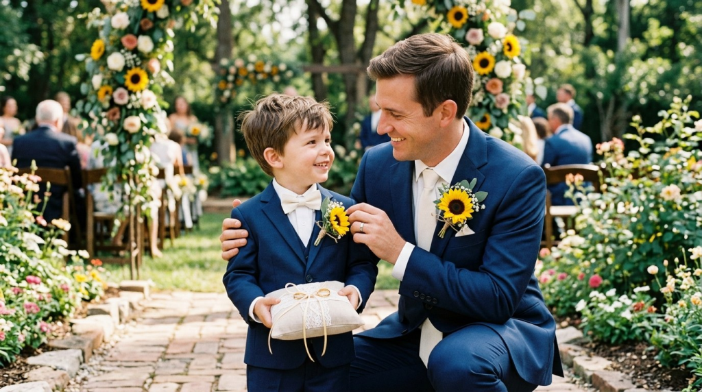 A man kneels to adjust a sunflower on a young boy's blue suit as he holds a ring pillow at a garden wedding.