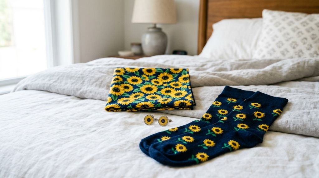 Navy blue sunflower-patterned socks, a matching pocket square, and cufflinks arranged on a light grey linen bed.