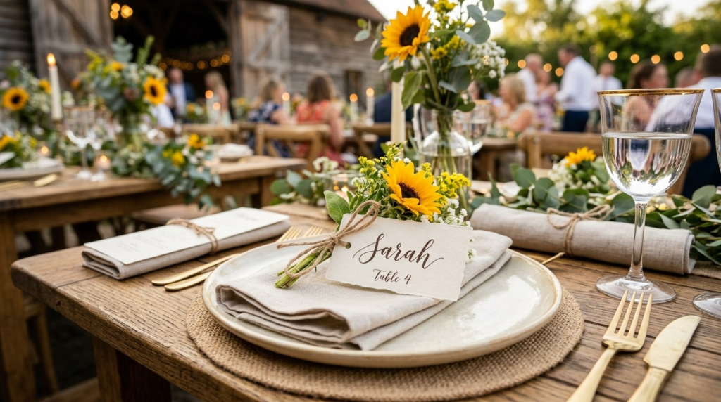 Rustic wedding table setting featuring a sunflower, Sarah's place card, gold cutlery, and guests at a sunlit barn venue.