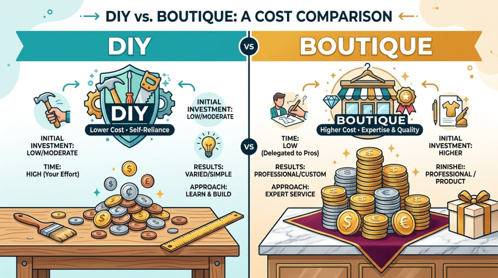 Infographic comparing DIY versus Boutique services, showing tools and coins for DIY and a storefront with gold for Boutique.