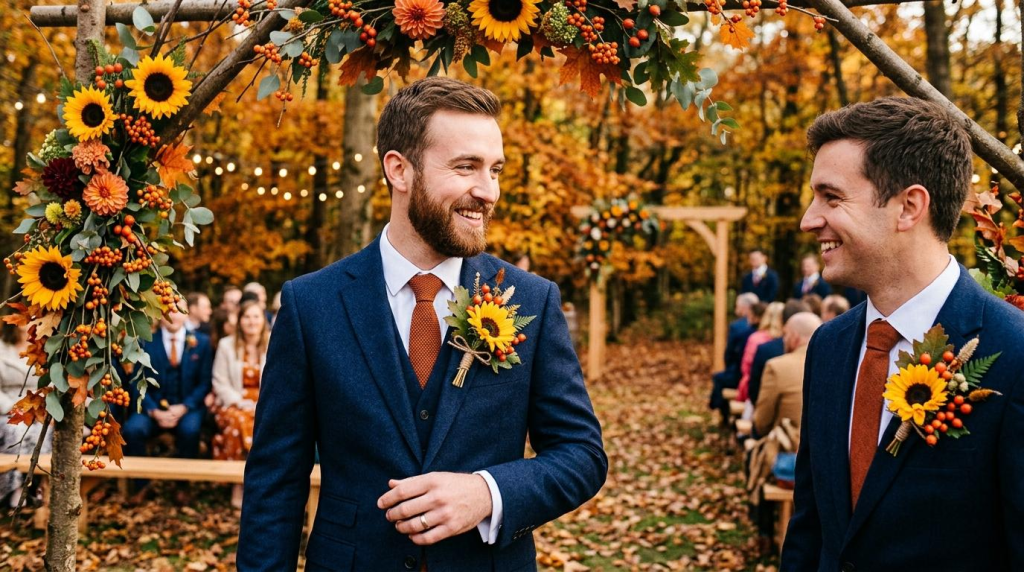 Two grooms in blue suits smile at each other under a sunflower wedding arch in an autumn forest with guests behind.