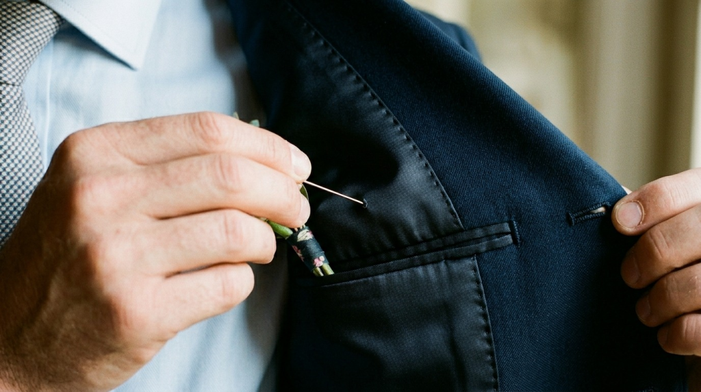 A close-up of a man's hands pinning a boutonniere to the inside lapel of his navy blue suit jacket during wedding prep.