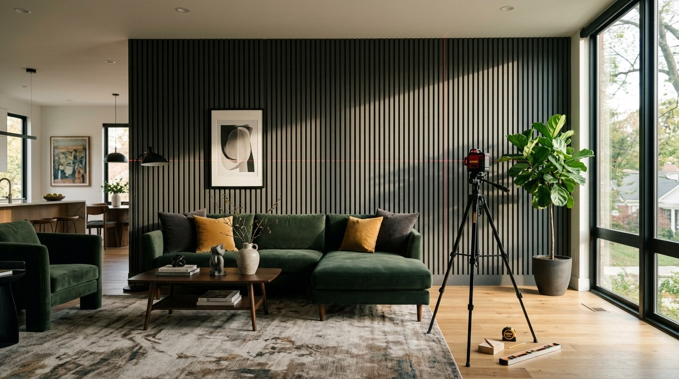 Modern living room with a green velvet sectional, dark slatted wood wall, and a laser level on a tripod by a large window.