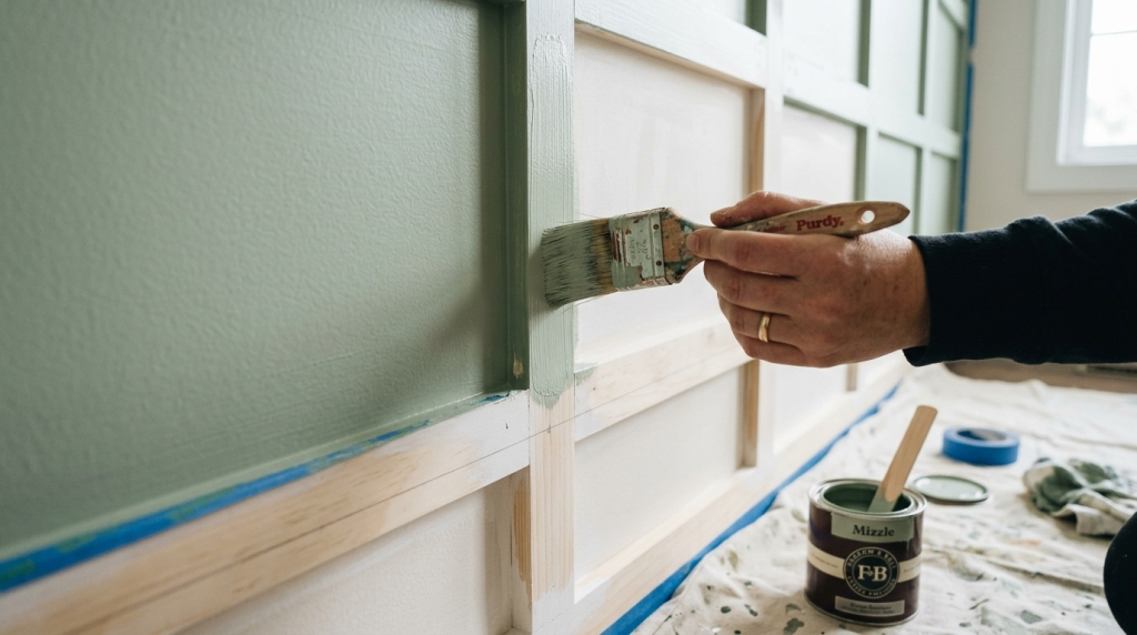 A person uses a Purdy brush to paint decorative wood wall paneling with a soft sage green paint color called Mizzle.