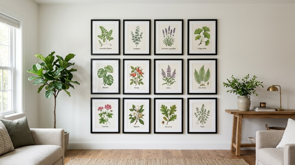 Twelve botanical art prints in black frames on a white wall, flanked by a fiddle leaf fig and a wooden console table.