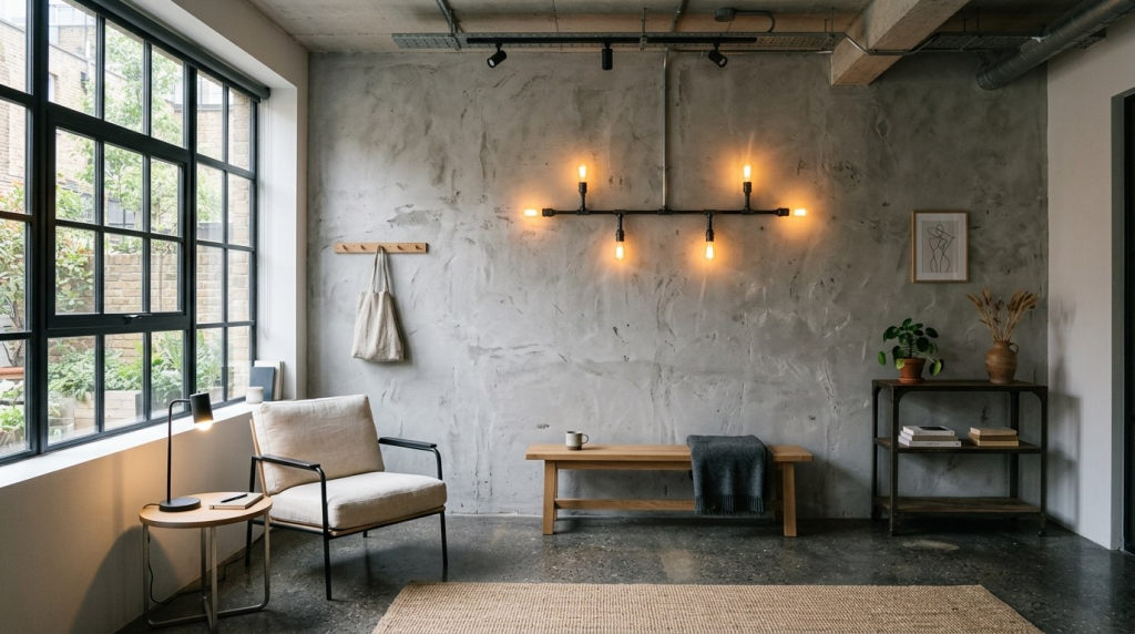 Minimalist industrial interior featuring a concrete wall, Edison bulb light fixture, wooden bench, and large window.