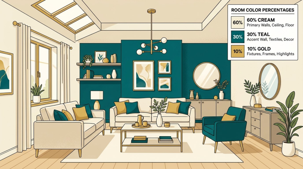 Illustration of a living room using a 60-30-10 color palette of cream, teal, and gold with modern furniture and decor."