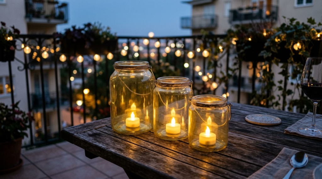 Three warm candle jars glow on a wooden balcony table at twilight, with twinkling string lights and city bokeh behind.