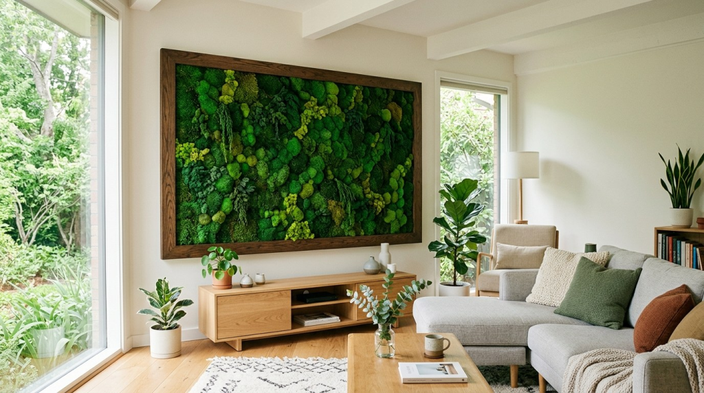 A modern living room featuring a large framed moss wall art piece, light wood furniture, and a gray sectional sofa.