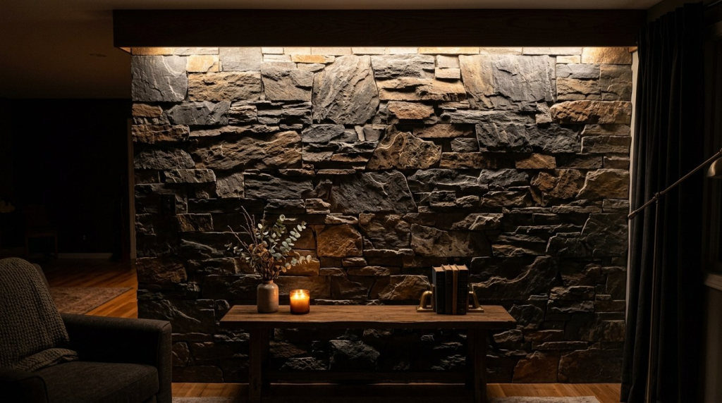 Warm lighting illuminates a rugged stone accent wall behind a wooden bench with a lit candle and books in a cozy room.