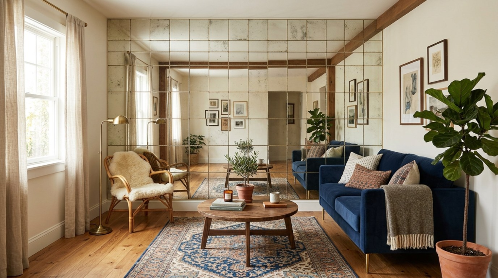An elegant living room featuring a large grid-patterned mirror wall, a navy velvet sofa, and a cozy rattan armchair.